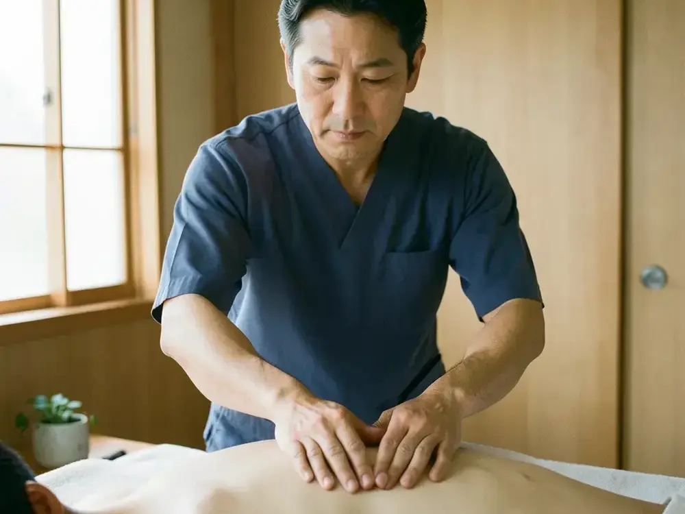 クライアントの背中を穏やかに押す手をそっと添えた手元