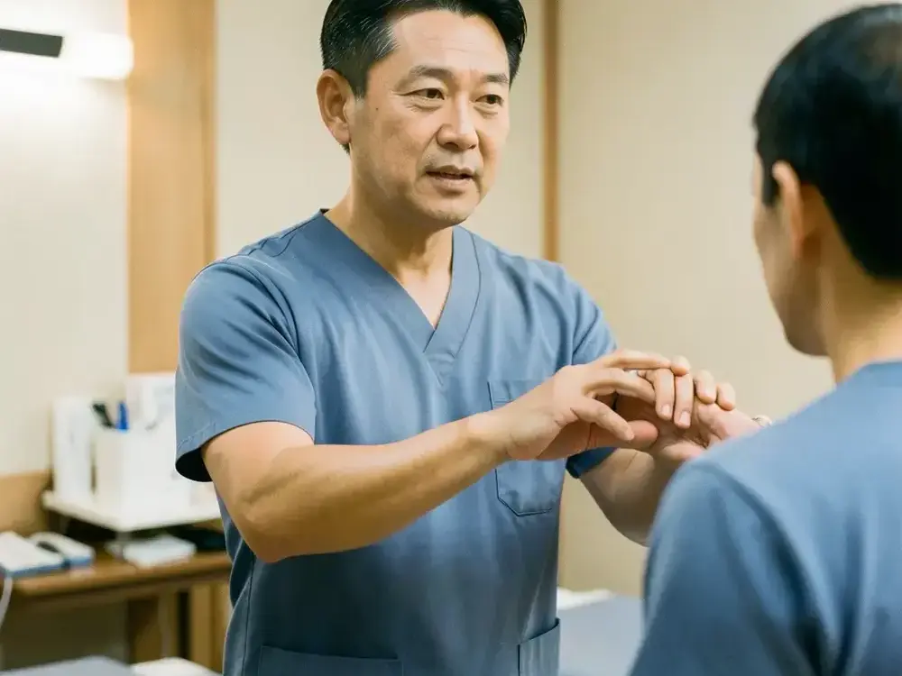 リハビリと可動域ケアで肩の動きを確認する様子