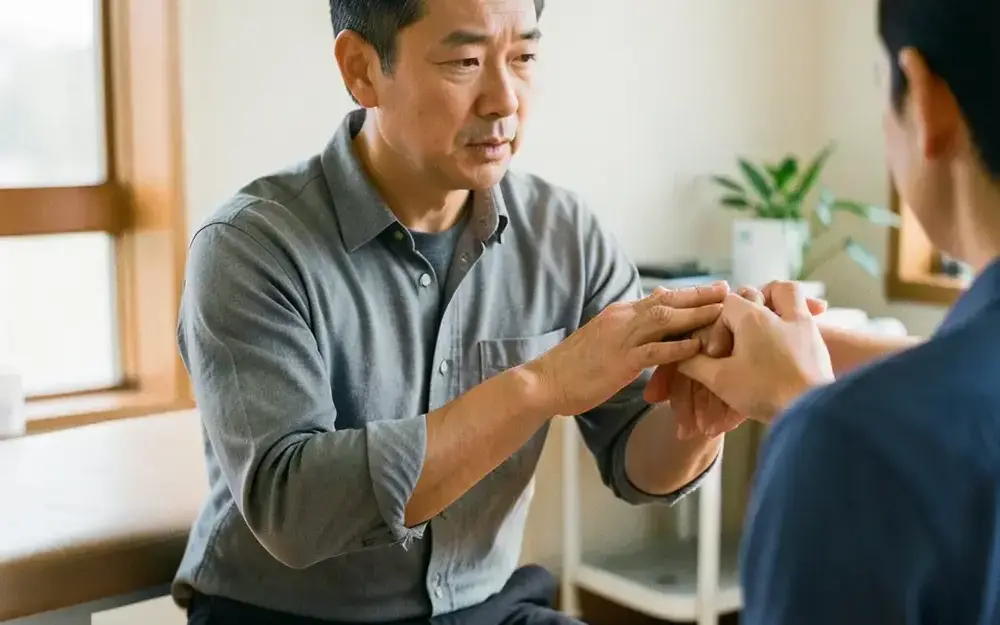 セッション前に肩の動きを確認する様子